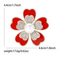 Elegant red five-petal flower brooch with white crystals, pearls, and gold finish - Red