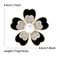 Elegant five-leaf flower brooch with black enamel, white crystals, and a center pearl - Black