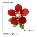 Red enamel flower brooch with green leaves, pearls, and crystals for elegant women's wear - Red