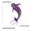 Detailed size view of an enamel koi fish brooch with purple crystals and gold accents - Purple