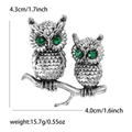 Silver owl brooch with green gem eyes and feather texture including size dimensions - Antique Silver