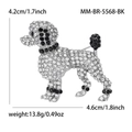 Detailed view of silver poodle brooch with sparkling rhinestones and dimension markings - Silver-Black White