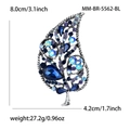 Detailed view of vintage crystal leaf brooch measuring 8.0cm by 4.2cm in dark blue finish - Leaf Shape (5562-BL) / Antique Silver - Blue