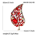 Detail view of crystal leaf brooch showing dimensions 8.0cm x 4.2cm on white background - Leaf Shape (5562-RD) / Antique Gold - Red