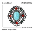 Detail view of retro alloy brooch with silver filigree, rhinestones, and size measurements - Antique Silver