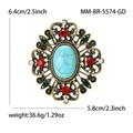 Detail of vintage flower brooch with turquoise stone and dimension labels 6.4x5.8cm - Antique Gold
