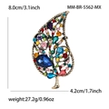 Detailed view of vintage leaf brooch with colorful crystals and exact size measurements - Leaf Shape (5562-MX) / Antique Gold - Multicolor
