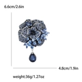 Blue rhinestone peony flower brooch with pear-shaped gemstone drop pendant, 6.6cm x 4.8cm - Blue
