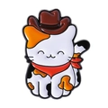Cartoon calico cat enamel pin with brown cowboy hat and red scarf in zinc alloy finish - Front Face Cowboy Calico Cat Style (QHXZ4700)