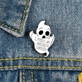 Ghost enamel pin with Anxious and Confused text pinned on a blue denim jacket - Cartoon Ghost Slogan Style (XZ2440)