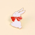 Cute white rabbit brooch with red bow and gold trim in enamel finish for accessories - White Rabbit with Red Bow (XZ209)
