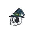 Detail of Halloween enamel pin with skull wearing a blue wizard hat on white background - Skeleton In Wizard Hat (XZ3107)