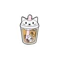 Cute enamel pin featuring a cat-themed pearl milk tea design with pink straw - Cat Milk Tea Style (XZ3709)