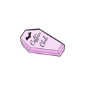 Pink punk enamel coffin pin with black bat design and Coffin Club text detail - Pink Coffin Club (XZ3897)