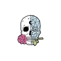 Creative enamel pin with half skull and blue crystal design holding a pink rose flower - Geometric Skull with Rose (XZ3943)