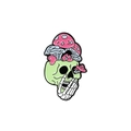 Creative enamel pin featuring a light green skull with pink mushrooms and bone hand - Skull with Mushrooms (XZ3945)