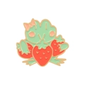 Niedliche grüne Frosch-Brosche mit rosa Schleife und roten Erdbeeren aus Emaille - Schleife Erdbeerfrosch (XZ5304)