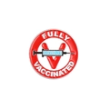Red enamel pin featuring a COVID-19 syringe and Fully Vaccinated text on white base - Red Large V Syringe Style (XZ4626)