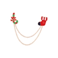 Christmas dual-chain brooch featuring enamel candy cane and red stocking with golden snowflakes - Candy Cane Sock Double Pin (XZ5298)