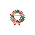 Spilla festiva a corona di Natale in lega d'oro con smalto verde e strass rossi - Spilla Corona di Natale Fiocco Campanello (XZ5300)