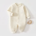 Detailed quilted texture of cotton baby romper with embroidered moon and star patterns - Thermal Milk White Star Moon Romper