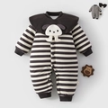 Verdickter Baby-Strampler mit 200g Wattierung, braunem Streifenmuster und kleiner Hundepuppe - 66 / Gestreift Dunkelgrau
