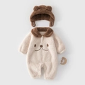 Barboteuse bébé en polaire épaisse avec bonnet oreilles d'ours beige et marron - Taille 66 / Grenouillère Polaire Raton Laveur