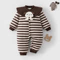 Gestreifter, dicker Baumwoll-Baby-Jumpsuit in Braun und Weiß mit Plüschwelpen-Motiv - 66 / Gestreifter Dunkler Kaffee