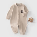 Beige ribbed knit baby romper with long sleeves and cute bear patch detail - 66 / Light Coffee (Cartoon Bear)