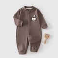 Coffee brown ribbed cotton baby romper with cute penguin embroidery and snap buttons - 66 / Dark Coffee (Cartoon Penguin)