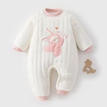 Gewatteerd wit baby rompertje met roze stippen en schattig konijntjes borduursel - Maat 73 / Dansend Konijn Roze