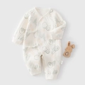 Long-sleeved baby romper with vegetable print and side-tie closure in cream white cotton - 52cm / Vegetable Garden