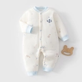 Baby-Strampler in Cremeweiß mit hellblauen Paspeln und Flugzeug-Stickerei für Neugeborene - Größe 59 / Blaues Flugzeug