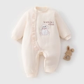 Tutina neonato in cotone crema con ricamo a coniglietto e volant rosa eleganti - Taglia 59 / Rosa Albicocca