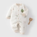 Wattierter Baby-Strampler in Cremeweiß mit Blattmuster und grünem Baum-Aufnäher - Größe 59 / Kaffeeblätter