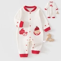 Tutina neonato in cotone crema e rosso con ricamo mela e tasca con orsetto ricamato - 66 / Bianco Crema Mela