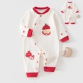 Tutina neonato a maniche lunghe in cotone con motivo orso rosso e chiusura con bottoni - Taglia 59 / Pagliaccetto Primavera Autunno Mela Rossa