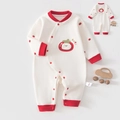 Tutina neonato in cotone bianco panna con ricami di fragole e bordi rossi a contrasto - Taglia 59 / Pagliaccetto Primavera Autunno Pomodoro Rosso