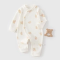 Baby-Strampler aus Baumwolle mit Blumenmuster, beige, Langarm, mit praktischen Druckknöpfen - Größe 59 / Seitliche Öffnung Blume