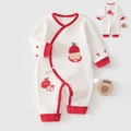 Tutina neonato a maniche lunghe in morbido cotone con bordo rosso e stampe di orsetti - 52cm / Mela Rossa