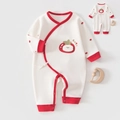 Pagliaccetto neonato in cotone a maniche lunghe color crema con bordi rossi e stampa carina - 52cm / Pomodoro Rosso