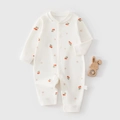 Barboteuse bébé en coton bio crème avec d'adorables motifs de cerises rouges - 59 / Imprimé Aubépine Rouge (Barboteuse Ouverture Frontale Printemps/Automne)