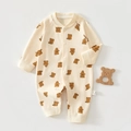 Detailed close-up of soft organic cotton baby romper with brown bear prints and snap buttons - 73 Size / Top And Bottom / Full Bear Print