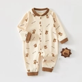 Close-up of baby romper with brown bear prints and snap buttons on soft cotton fabric - 73 Size / Top And Bottom / Coffee Heart Bear
