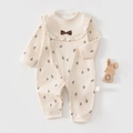 Newborn girl long sleeve romper in off-white with bird print and ruffle collar - Size 66 / Cream White Bird Print