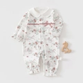 Mameluco blanco para bebé niña con estampado unicornio rosa y lazo detalle elegante - Talla 66 / Unicornio & Rosa Floral (Pelele Otoño/Primavera)