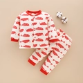 Quilted cotton baby thermal pajamas set with red fish print and ribbed cuffs for autumn winter - Red Small Fish