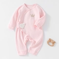 Pink ribbed cotton long sleeve newborn romper with crown embroidery and white wings - Pink / Size 66