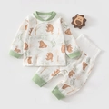 Infant forest animal cotton pajama set with high-waisted belly protector and green ribbed trim - Playing Brown Bear / Size 59