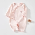Pink organic cotton long-sleeve newborn baby romper with cute bunny embroidery - Solid Pink Rabbit / Size 66